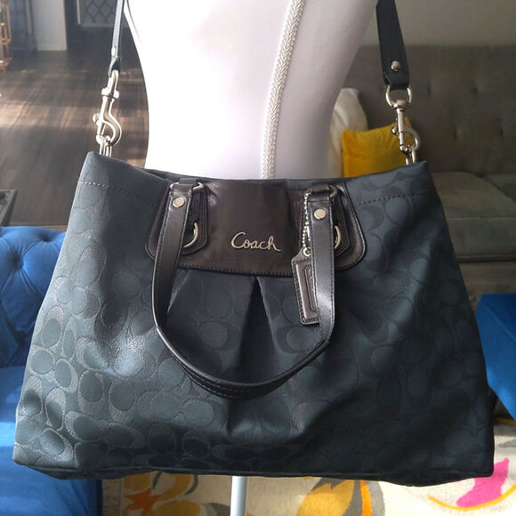 Coach Ashley blk sateen carry-all bag stunning condition amethyst satin liner - Picture 1 of 11